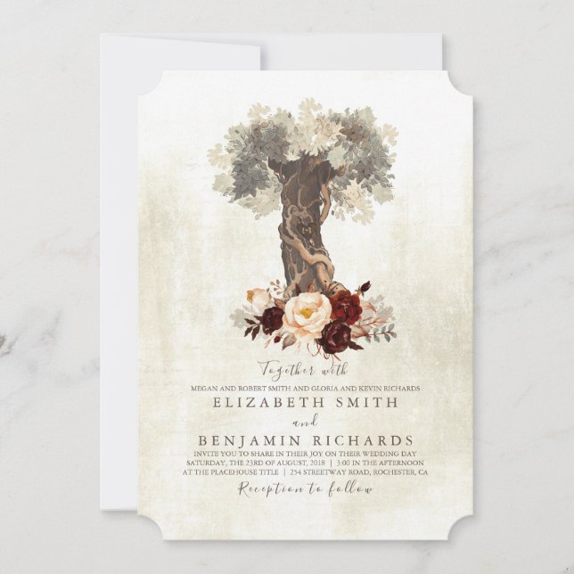 Invitación Boda floral de borgoña de árbol de cosecha rústica (Anverso)