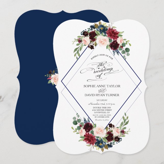 Invitación Boda floral de Borgoña de la Marina Geométrica Mod (Anverso / Reverso)