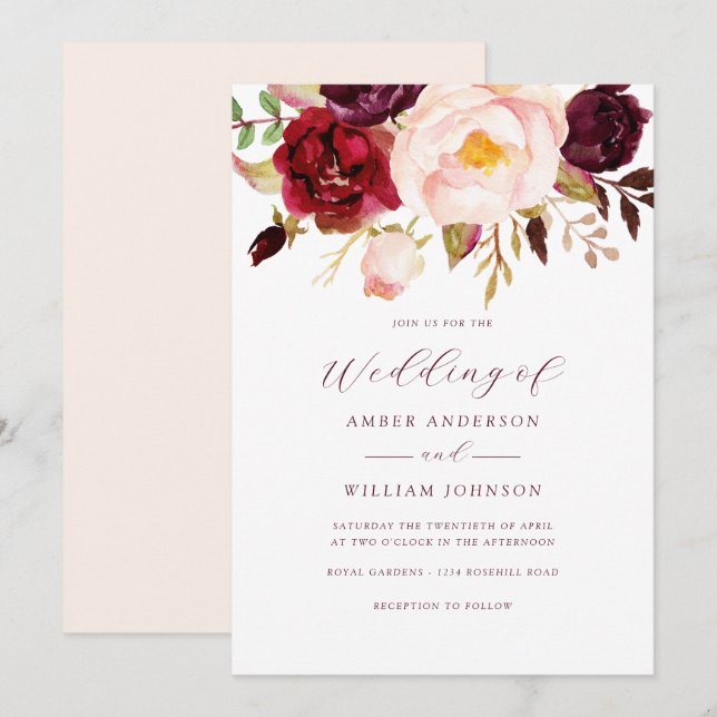 Invitación Boda floral de borgoña rubor   (Anverso / Reverso)