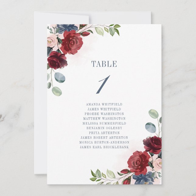 Invitación Boda Floral de Borgoña Tabla número 1 (Anverso)