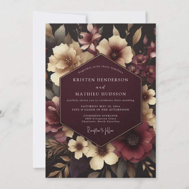 Invitación Boda floral de Borgoña temperamental (Anverso)