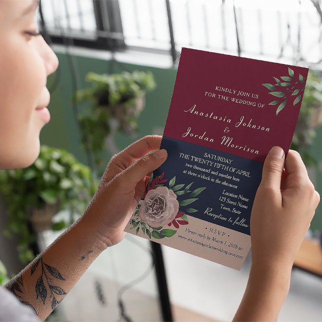 Invitación Boda floral de Borgoña todo en uno (Subido por el creador)