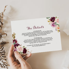 Invitación Boda floral de Borgoña Verde Detalles Insertar tar