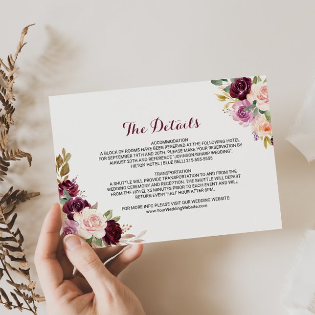 Invitación Boda floral de Borgoña Verde Detalles Insertar tar (Subido por el creador)