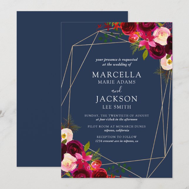 Invitación Boda Floral de Borgoña y Marina (Anverso / Reverso)
