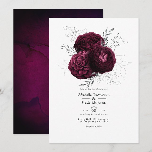 Invitación Boda floral de Borgoña y plata (Anverso / Reverso)