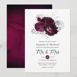Invitación Boda floral de Borgoña y plata