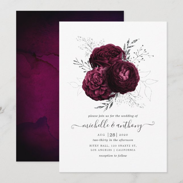 Invitación Boda floral de Borgoña y plata (Anverso / Reverso)
