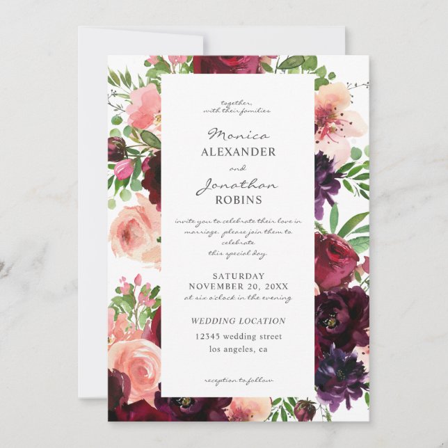 Invitación Boda floral de Borgoña y Rubor (Anverso)