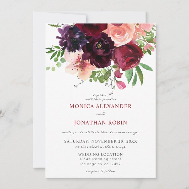 Invitación Boda floral de Borgoña y rubor 2 (Anverso)