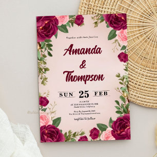Invitación Boda floral de borgoña y rubor malhumorado