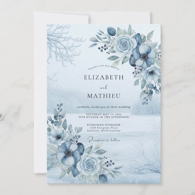 Invitación Boda Floral de Bosque Azul Pizarra (Anverso)