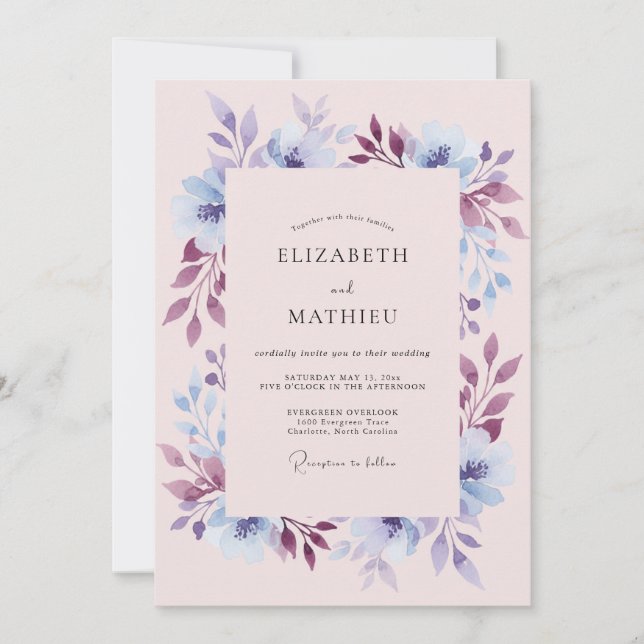 Invitación Boda Floral de Bosque con Color Vinca (Anverso)