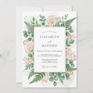 Invitación Boda Floral de Bosque con Rubor de Melocotón