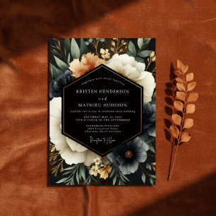 Invitación Boda Floral de Bosque de Azul Marino Profundo