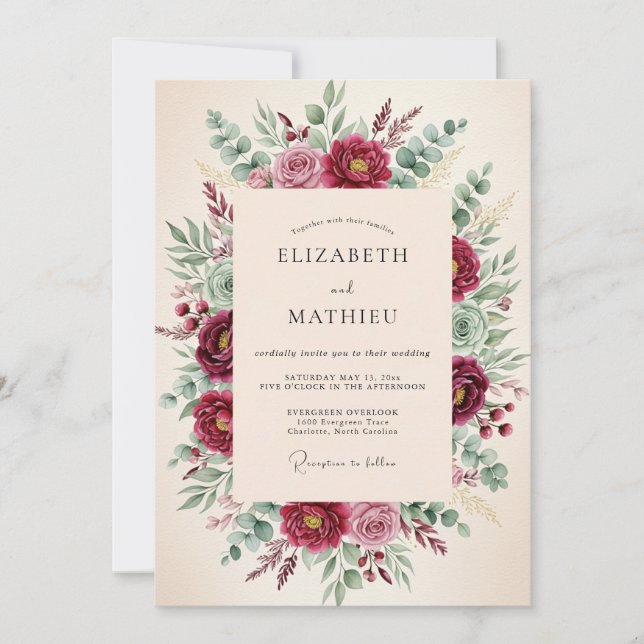 Invitación Boda Floral de Bosque de Borgoña (Anverso)