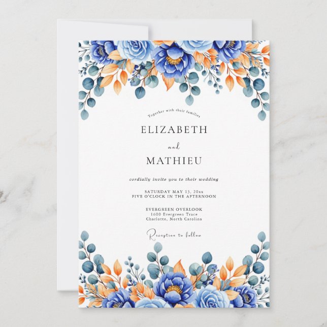 Invitación Boda Floral de Bosque de Naranja Azul (Anverso)