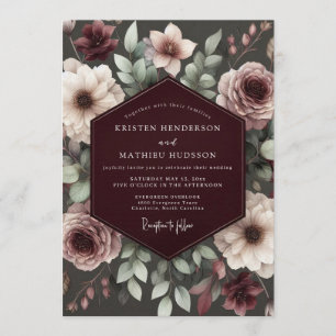Invitación Boda floral de brocado de Borgoña