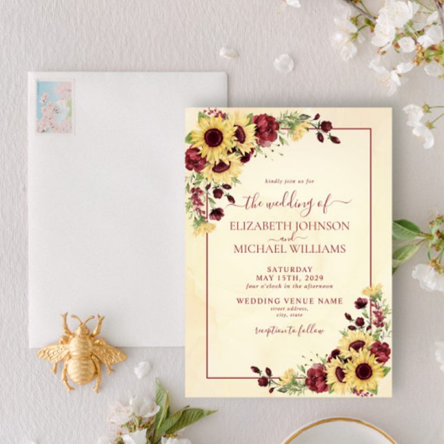 Invitación Boda floral de Burgundy Rústico y Cálido (Subido por el creador)