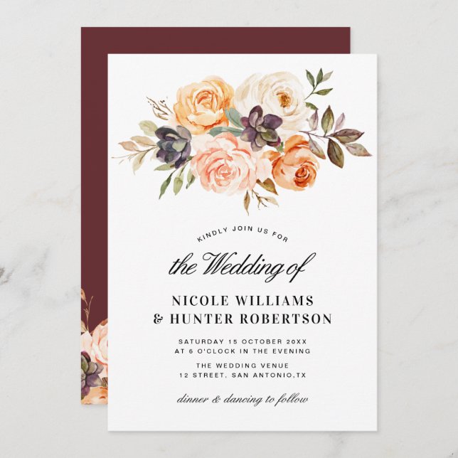 Invitación Boda floral de caída de guión ruso (Anverso / Reverso)