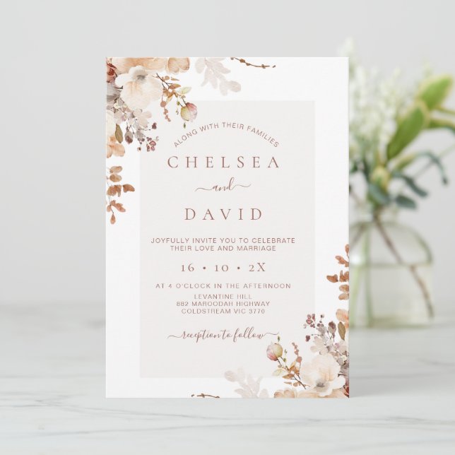 Invitación Boda floral de caída rubia marrón (Anverso de pie)