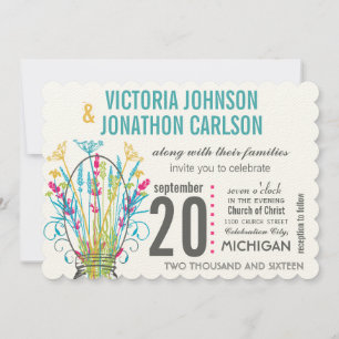 Invitación Boda floral de cal amarilla Mason Jar Coral modern