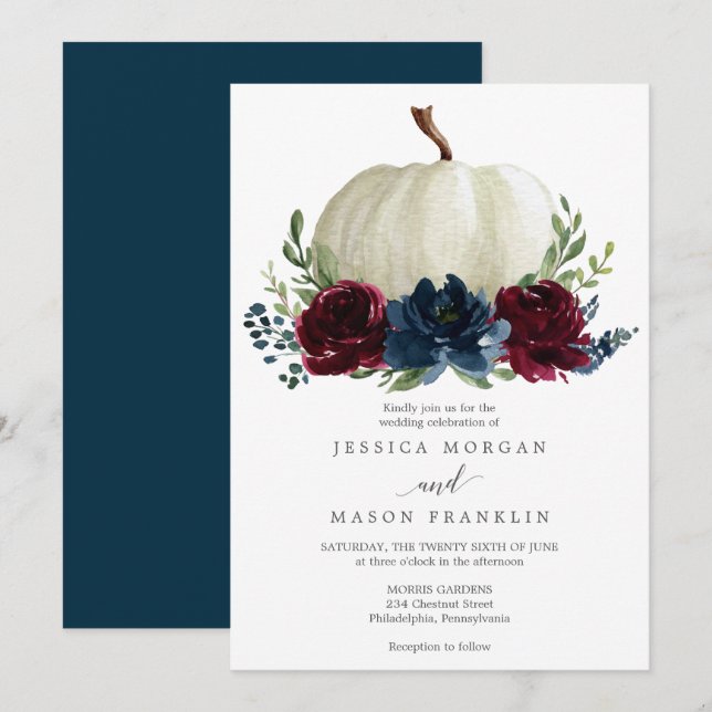Invitación Boda floral de calabaza de la Marina de Borgoña (Anverso / Reverso)