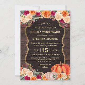 Invitación Boda floral de calabaza naranja de otoño rústico