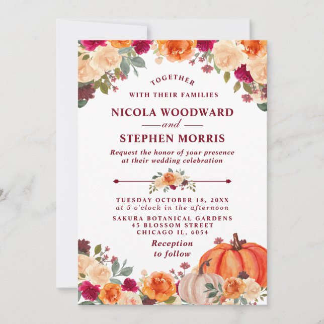 Invitación Boda floral de calabaza Naranja de otoño rústico (Anverso)