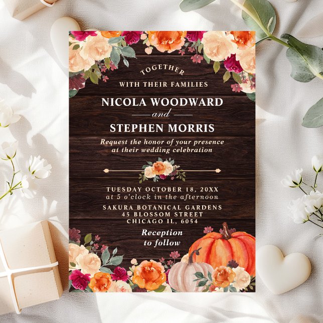 Invitación Boda floral de calabaza Naranja de otoño rústico (Subido por el creador)