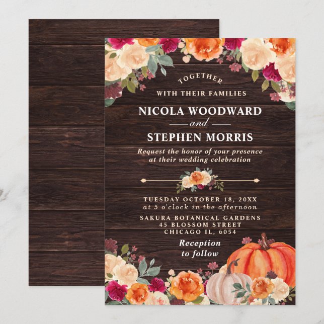Invitación Boda floral de calabaza Naranja de otoño rústico (Anverso / Reverso)