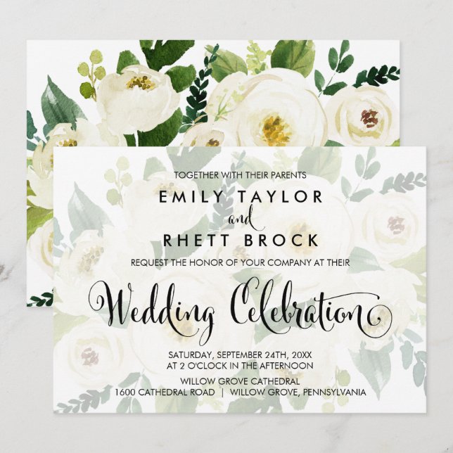 Invitación Boda floral de caligrafía meridional (Anverso / Reverso)