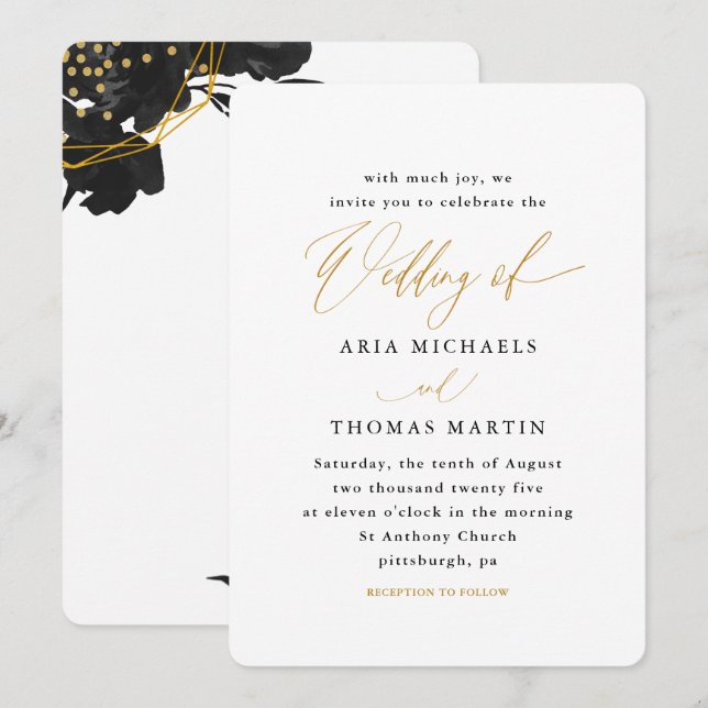Invitación Boda floral de caligrafía moderna en negro y oro (Anverso / Reverso)