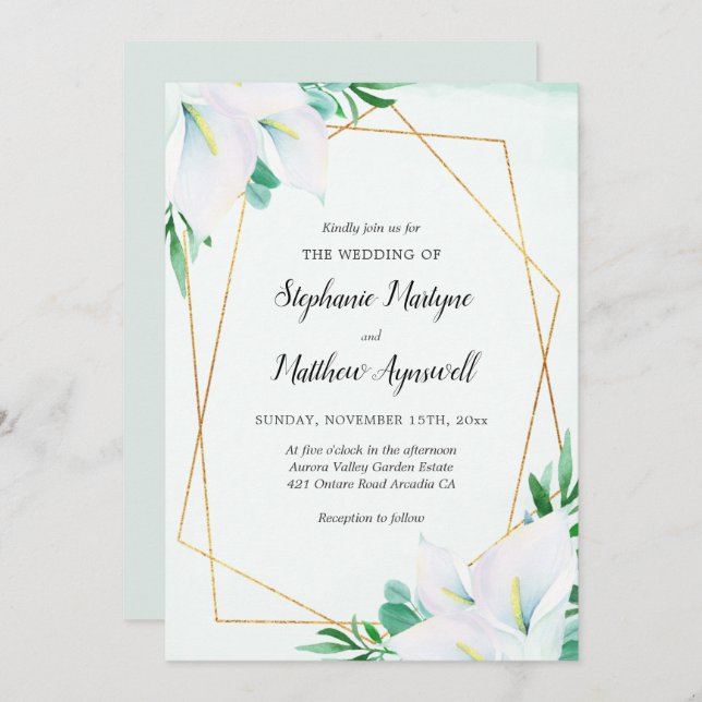 Invitación Boda floral de Calla blanca geométrica moderna (Anverso / Reverso)