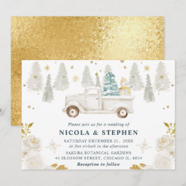 Invitación Boda floral de camión blanco y dorado de invierno