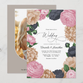 Invitación Boda floral de carbón, taupe claro y rosa peonía