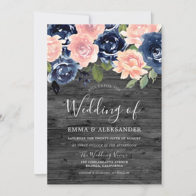 Invitación Boda floral de carbón vegetal ruso Rubor & Navy (Anverso)