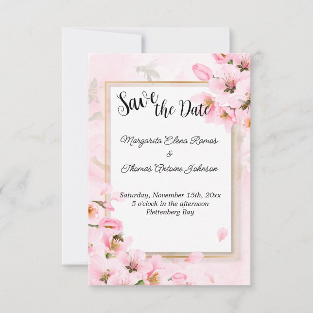 Invitación Boda floral de cerezos rosas salva la fecha (Anverso)