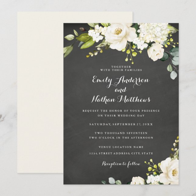 Invitación Boda Floral de Chalkboard White Champagne (Anverso / Reverso)