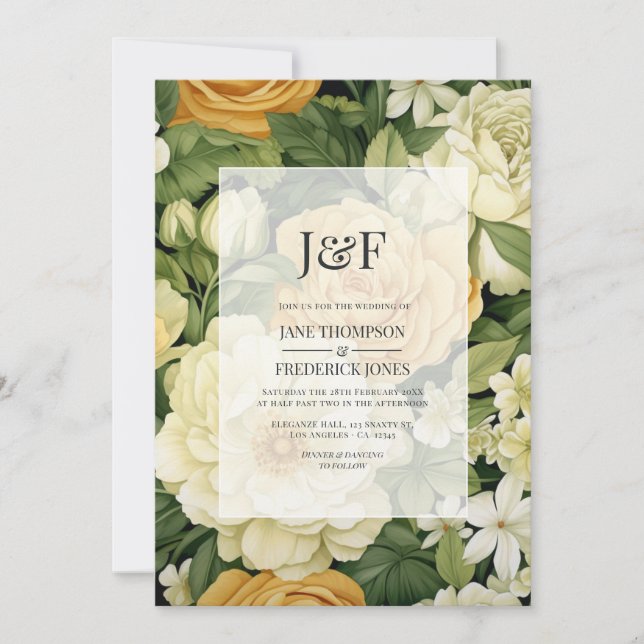 Invitación Boda floral de champán, blanco y verde (Anverso)