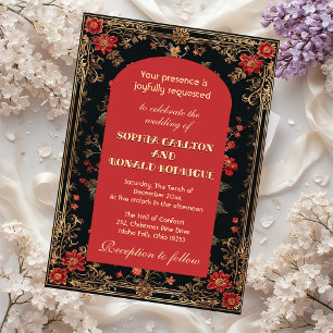 Invitación Boda floral de chinoiserie roja de Navidad clásica