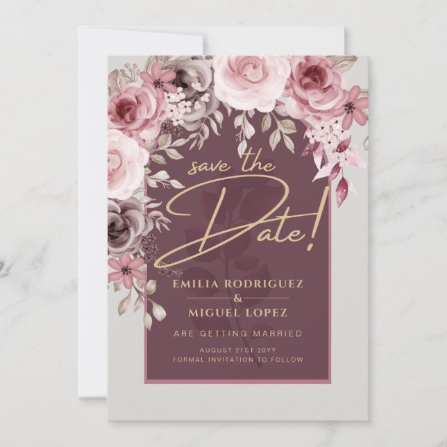 Invitación Boda floral de cimarrón rosa rubor SALVAR LA FECHA (Anverso)