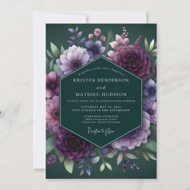 Invitación Boda floral de ciruela cazador (Anverso)