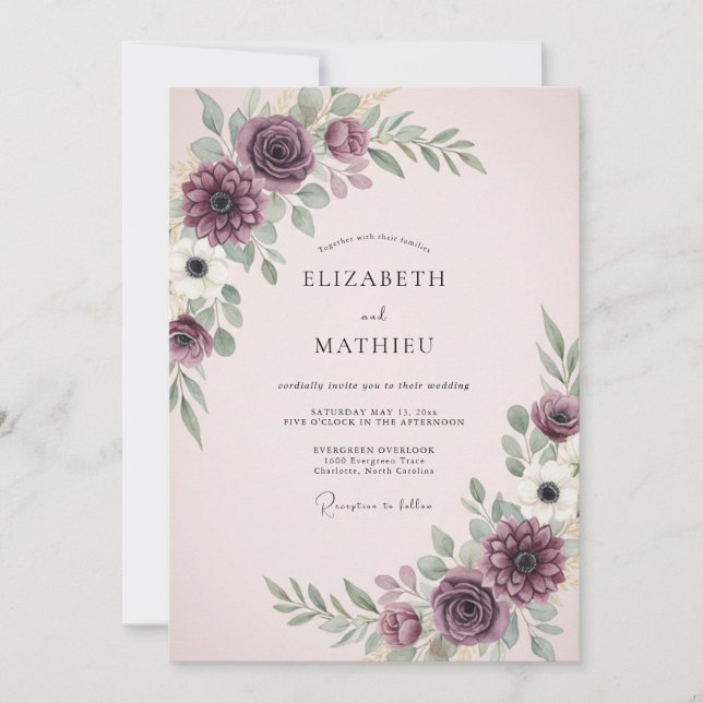 Invitación Boda floral de ciruela Moody (Anverso)