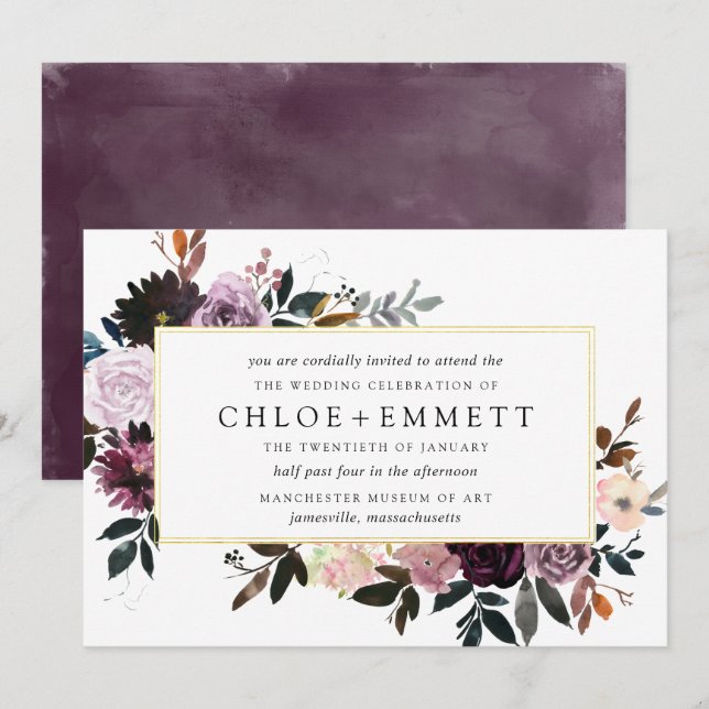 Invitación Boda Floral de ciruela morada y rosa malva (Anverso / Reverso)