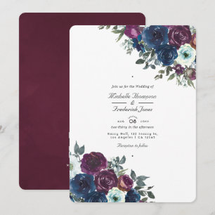 Invitación Boda floral de ciruela y azul marino con código QR