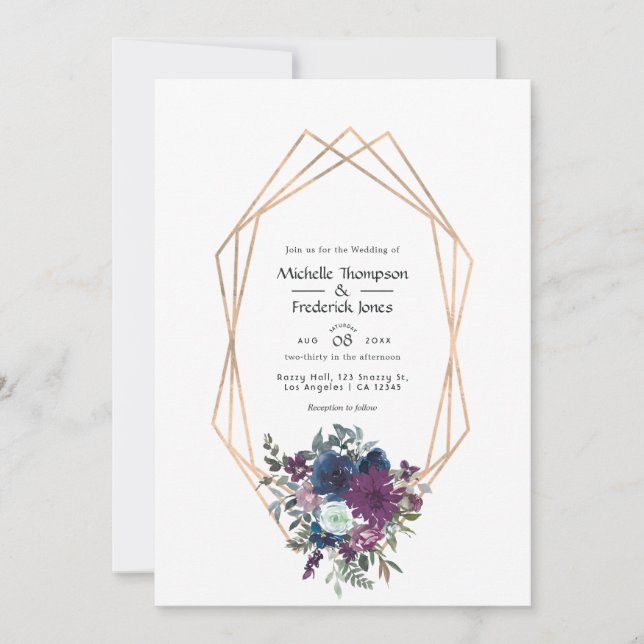 Invitación Boda floral de ciruela y marina (Anverso)