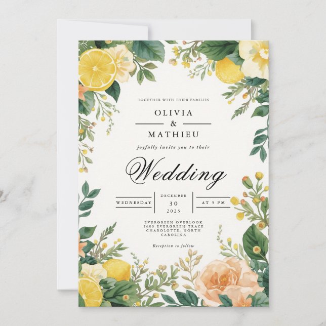 Invitación Boda floral de Citrus Brillante (Anverso)