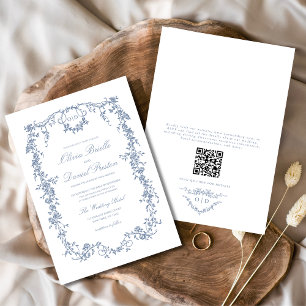 Invitación Boda floral de código QR azul polvoriento de Victo
