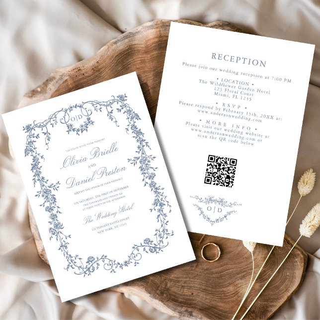 Invitación Boda floral de código QR azul polvoriento de Victo (Subido por el creador)